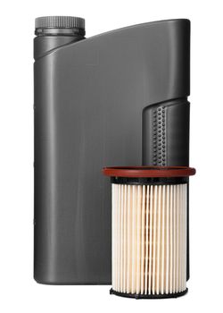 Car filters and motor oil can isolated on white, close up.