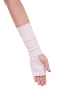 close-up injured arm wrapped in an Elastic Bandage isolated on white background