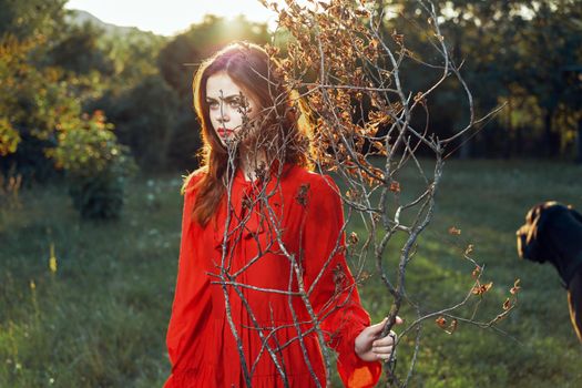 pretty woman in red dress walking in the field with dog. High quality photo