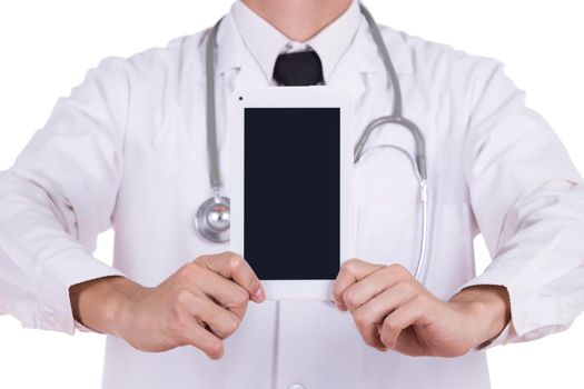 close-up doctor showing tablet computer blank screen isolated on white background