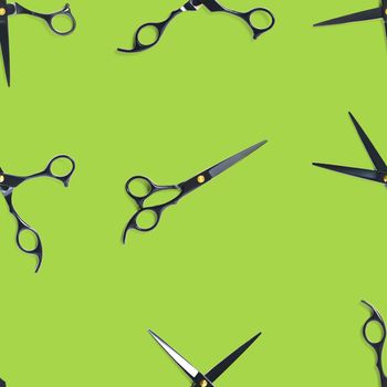 Seamless pattern of black scissors. professional hairdresser black scissors isolated on green. Black barber scissors, close up. pop art background, for prints or posters