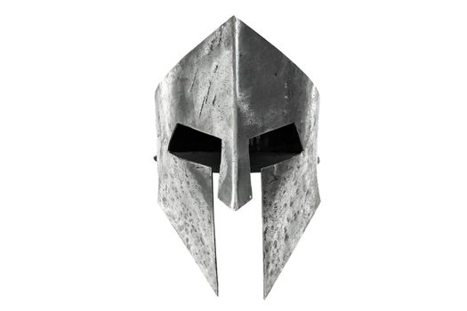 Front view of ancient iron spartan helmet isolated on white studio background. Medieval armor, archeological souvenir from past times, metal tough head protective clothes.