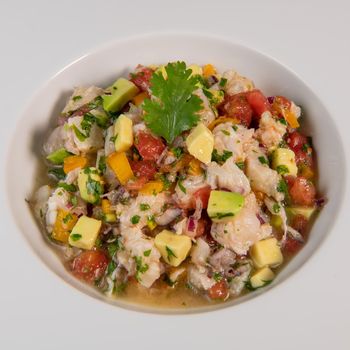 Cod Ceviche recipe, bread in oil and garlic. High quality photo