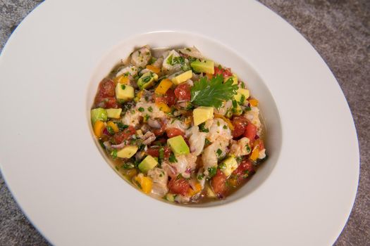 Cod Ceviche recipe, bread in oil and garlic. High quality photo