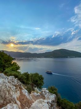 Aerial view of Marmaris at sunset, Turkey. View of the fortress and ships near the embankment. - stock photo. High quality photo