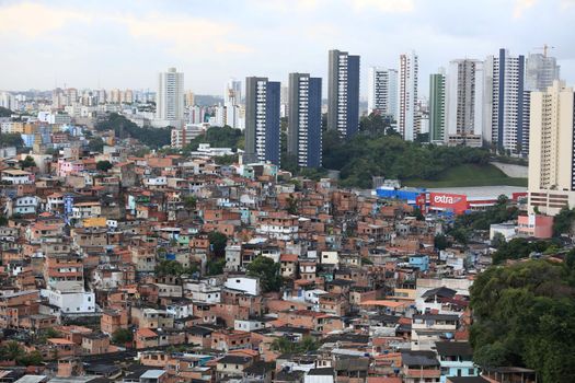 salvador, bahia, brazil - august 29, 2016: Aerial view of dwellings in favela area in Federacao neighborhood in Salvador city.