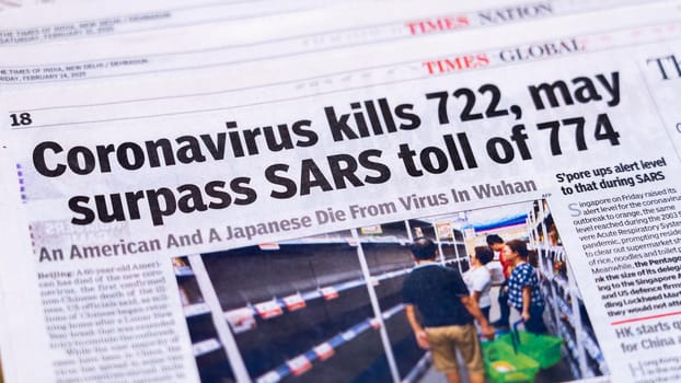 Dehradun, Uttarakhand India June 28, 2021. Coronavirus COVID-19 News Headline in Newspaper of India. Headlines of the month March, April 2020. High-quality apple prores 422 4k footage 60p.