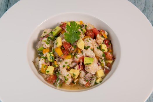 Cod Ceviche recipe, bread in oil and garlic. High quality photo