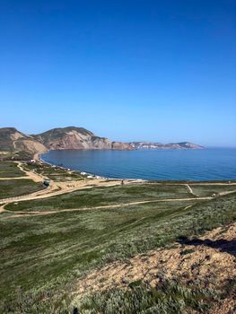 Scenic View Of Sea Against Clear Blue Sky - stock photo. High quality photo