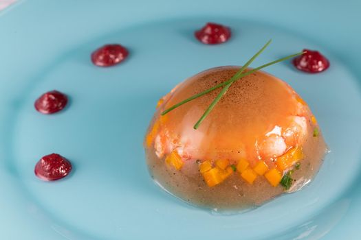 Aspic recipe, jelly made from a broth of prawns and peppery beetroot. High quality photo