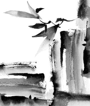 Watercolor and ink illustration of tree branch and abstract grunge strokes - grayscale drawing on white background. Oriantal traditional painting in style sumi-e or gohua.