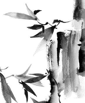 Watercolor and ink illustration of tree branch and abstract grunge strokes - grayscale drawing on white background. Oriantal traditional painting in style sumi-e or gohua.