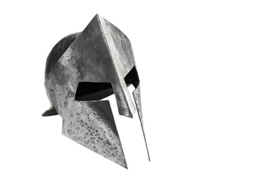 Medieval armor, archeological souvenir from past, iron head antique protection. Side view of ancient metal tough spartan helmet isolated on white studio background.