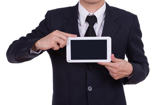 Businessman holding a small tablet touch computer isolated on white background