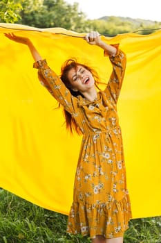 attractive woman outdoors hairstyle summer posing yellow background. High quality photo