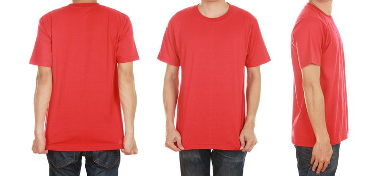 man with blank red t-shirt isolated on white background