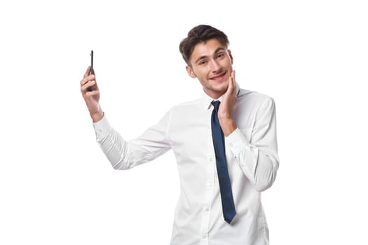 manager in white shirt with tie office emotions isolated background. High quality photo