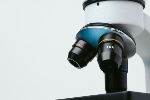 Scientific microscope close up photo. Professional laboratory equipment