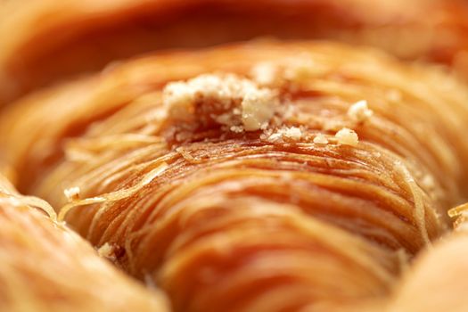 Close up photo of Turkish Baklava dessert with honey and nuts