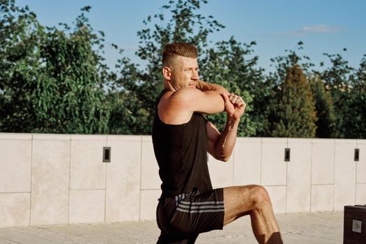 male athlete exercise outdoor fitness motivation muscle. High quality photo