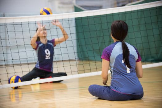 Sports for disabled people. Training. Two young women sitting on the floor and playing volleyball.. Mid shot