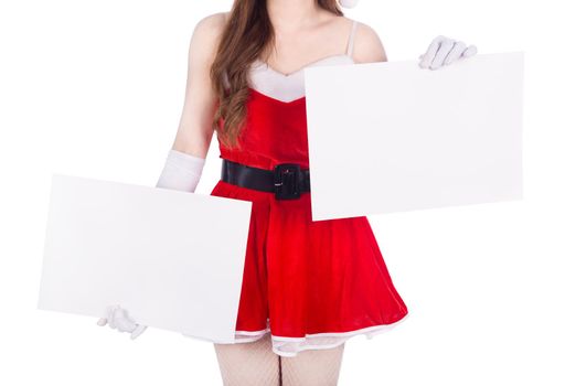 woman wearing santa claus clothes with blank sign isolated on white background