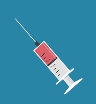 Plastic injection syringe icon medical with red blood liquid isolated on background