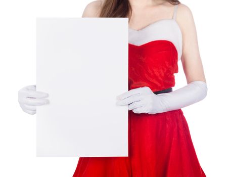 woman wearing santa claus clothes with blank sign isolated on white background
