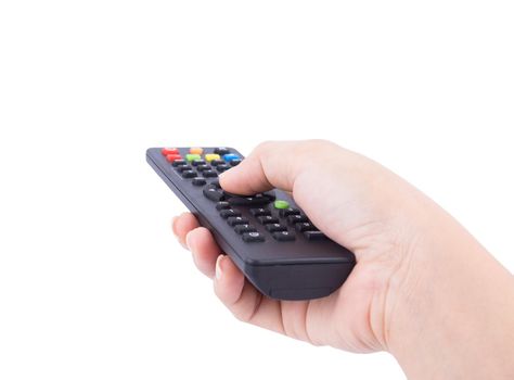 hand with tv remote control isolated on white background