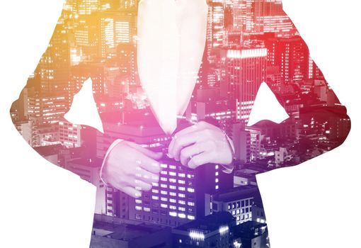 double exposure of business woman buttoning her suit with city background