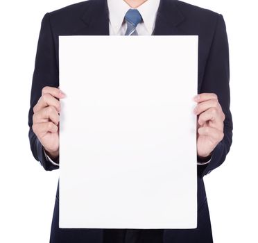business man holding a blank paper sheet isolated on white background