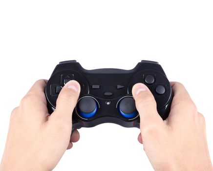 hand playing joystick isolated on white background (with clipping path)