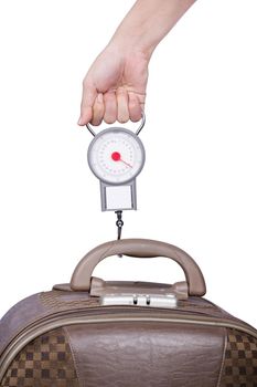 Passenger checking luggage weight with scale before flight isolated on white background