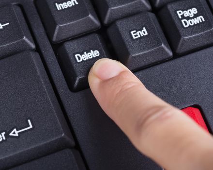 finger pushing delete button on a keyboard of computer