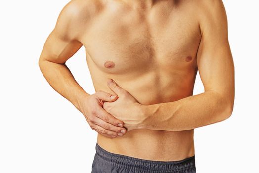 Acute pain in a right side of male abdomen. Isolated on a white background.