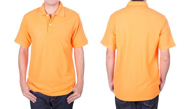 man with orange polo shirt on a white background