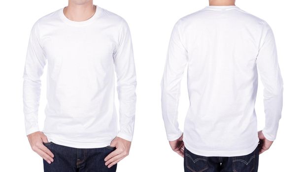 man in white long sleeve t-shirt isolated on a white background