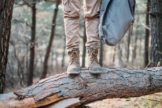 Unrecognizable female traveler with backpack standing on fallen tree trunk, view of legs.