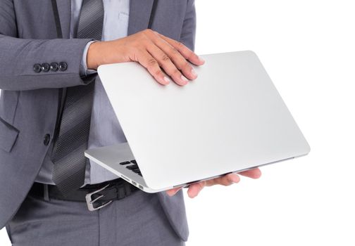 business man in suit with laptop isolated on a white background