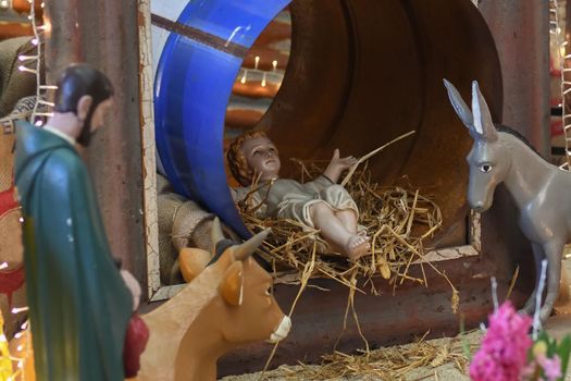 Christmas creche with Joseph Mary and small Jesus