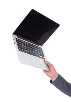 hand holding laptop isolated on a white background
