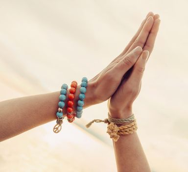 Female hands together close-up, gesture namaste, yoga, praying.