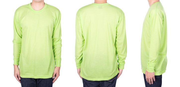 man in green long sleeve t-shirt isolated on a white background