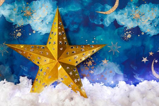 Christmas background with moon and stars. Defocused, bokeh, abstract backdrop
