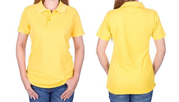 woman in yellow polo shirt isolated on a white background