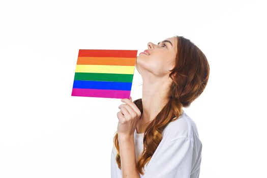 woman wearing white t-shirt lgbt flag inventor community. High quality photo