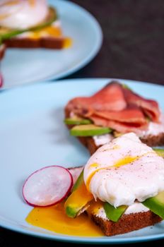 Bread Toasts with Cream Cheese, Avocado, Poached Egg and Salmon Fish on Dark Background. Healthy Breakfast or Appetizer Concept.