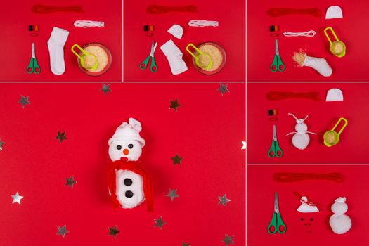 New Year's or Christmas handmade craft - snowman. DIY concept. Step 1-5 collage