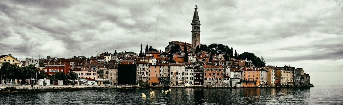 Rovinj, Croatia - May 22, 2018: Panorama of Coastal town of Rovinj, Istria, Croatia. Rovinj - beautiful antique city, yachts and Adriatic Sea.