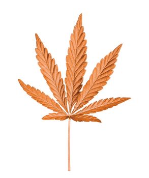 Orange Cannabis leaf isolated on white. Hemp leaf close up. Marijuana drugs is produced from Cannabis leaf.